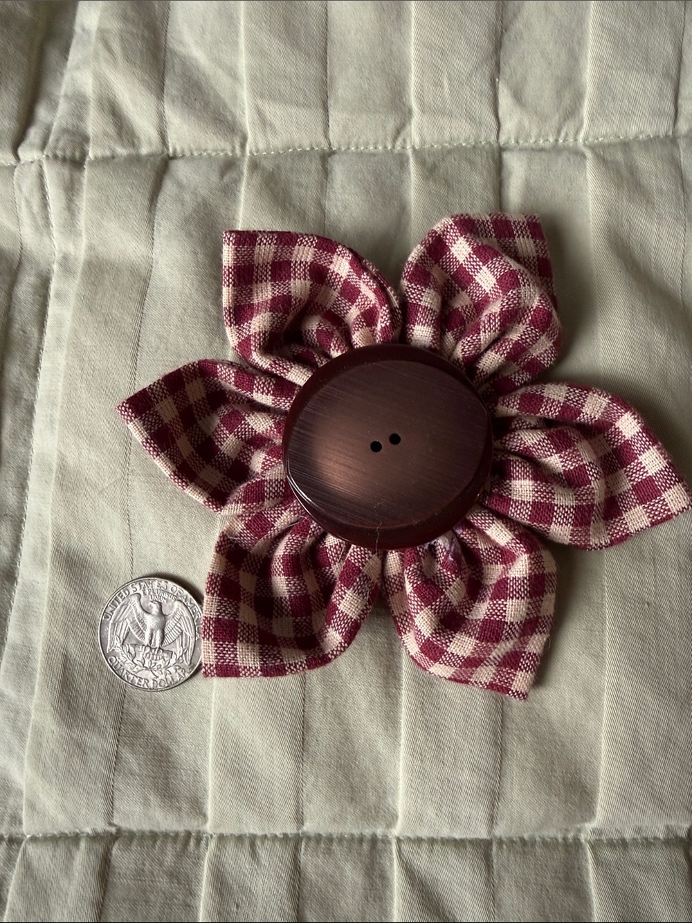 Handmade Burgundy Gingham Flower Brooch - Women Accessories